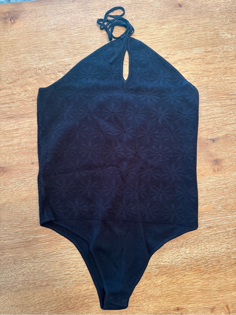 Black Halter Bodysuit with Subtle Floral Texture